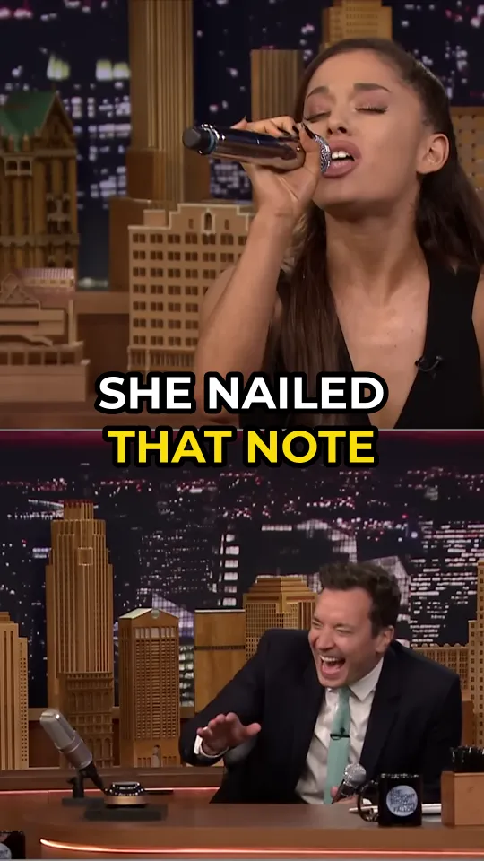 Split screen: the guest singing on top, the host laughing below