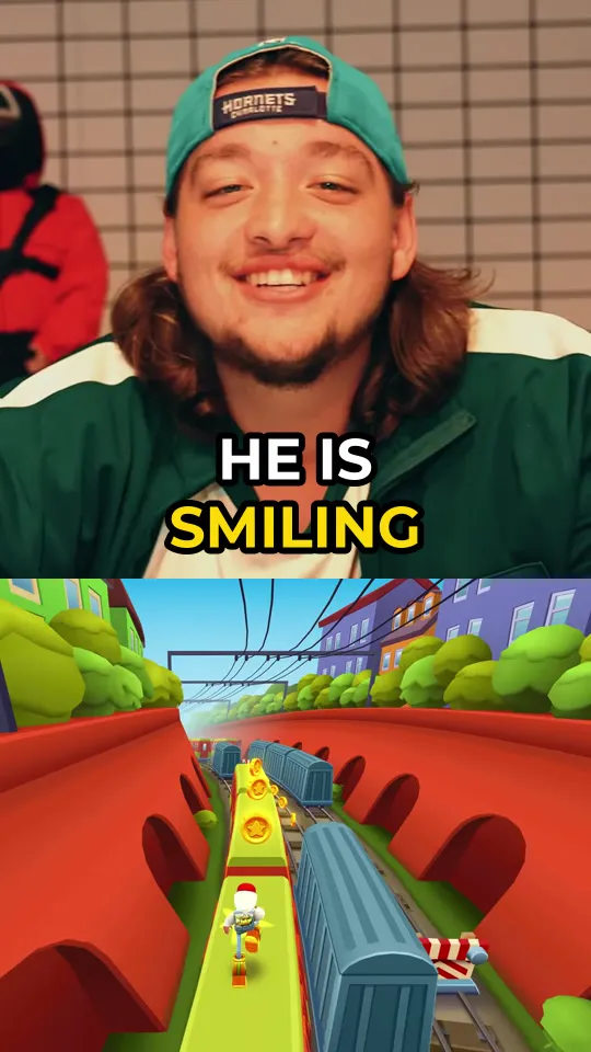 Vertical clip: a grinning contestant on top, Subway Surfers gameplay below